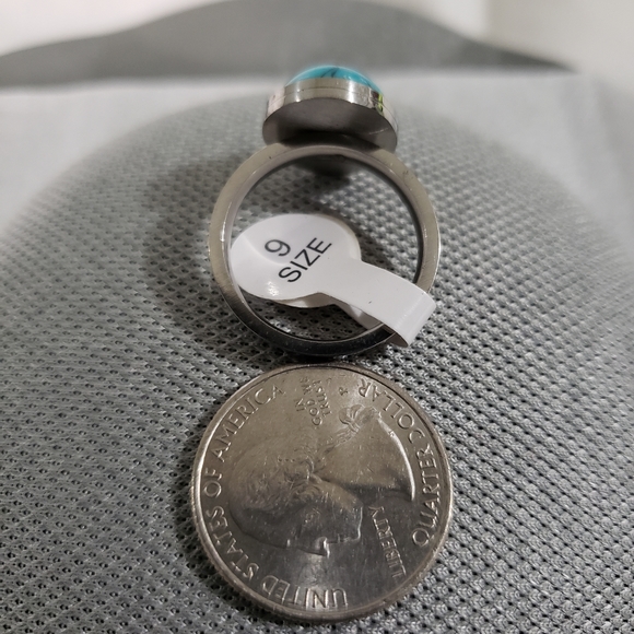 Blue Turquoise Stainless Steel Silver Ring - Picture 3 of 3